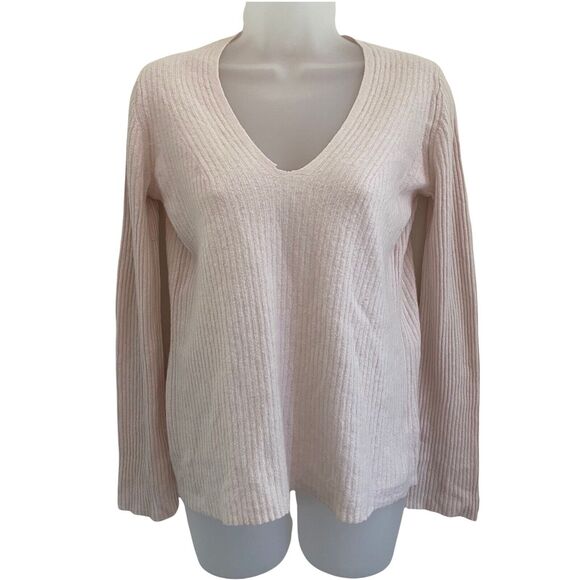 VINCE Large Sweater Vneck Wool Cashmere Blush Ribbed Pullover Pink - Picture 1 of 11
